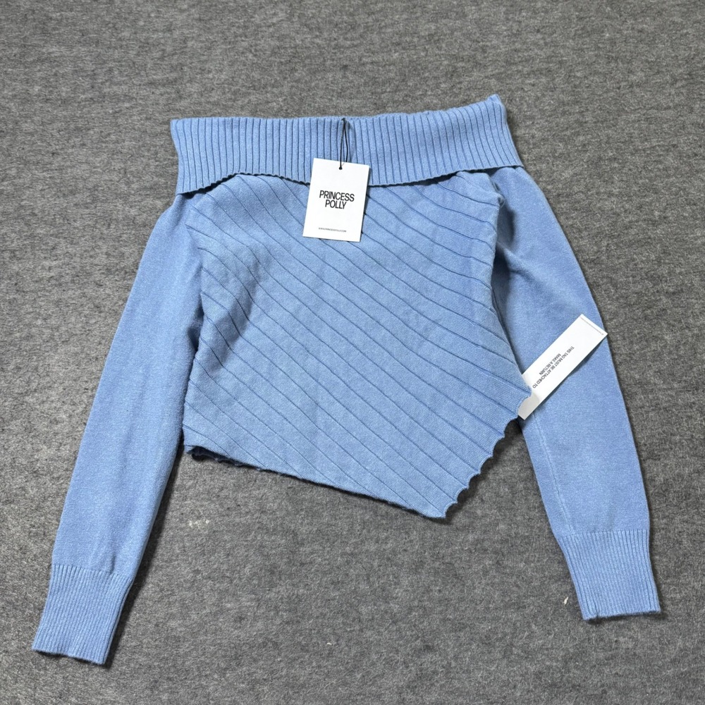 NEW Princess Polly Brisa Long Sleeve Top Blue Off Shoulder Asymmetric XS/S